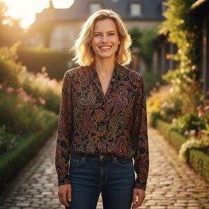 Anne Klein II Wool Silk Paisley Blouse Black Jewel-Tone Button Front Top Size 12